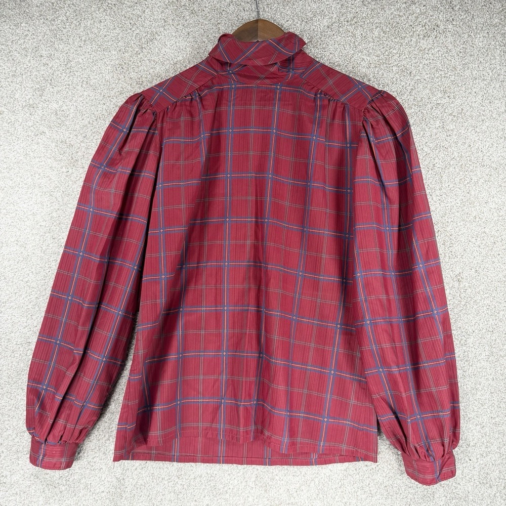70s 80s Victorian Revival Red Plaid Blouse Puff Sleeve 7/8 High Button Collar